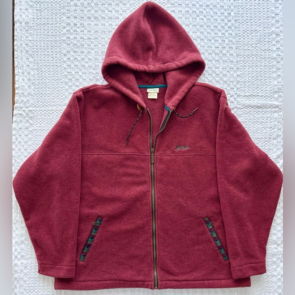 LL Bean Vintage Burgundy Fleece Hooded Jacket USA Rare 80s Women’s Size XL